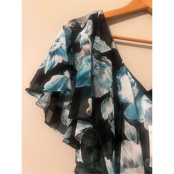 Connected Apparel 12 Ruffle Chest Floral Midi Dress Black Blue Wedding Guest NWT - Picture 8 of 15